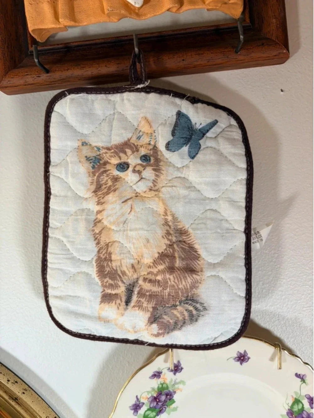 Cat & Butterfly Quilted Cotton Pot Holder Farmhouse Kitchen Decor